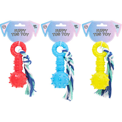 3 Rubber Spiky Ball & Rope Tug Toys in 3 colours