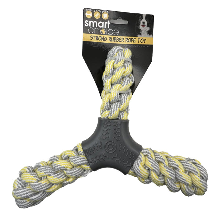 Yellow Triangle Rubber & Rope Toy on white background