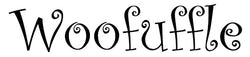 Woofuffle Logo, design written in black letters on a black background