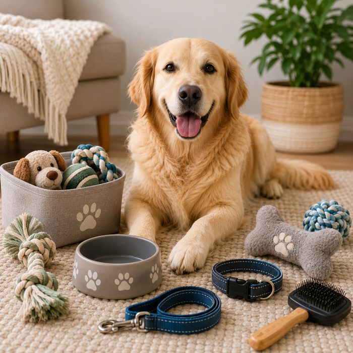 Dog sat on a beige rug surrounded by dog toys, collar & lead, dog brush, a bowel and toy box
